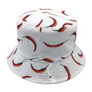 Weißer Anglerhut aus Baumwolle mit rotem Chili-Print für Damen Outdoor Sonnenschutz