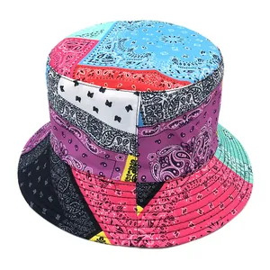 Double-sided paisley print bucket hat with colorful patchwork design for sun protection