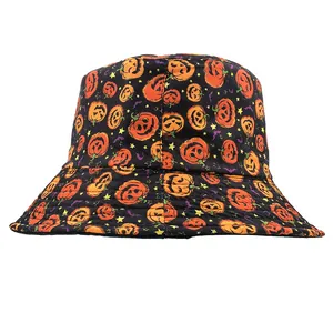 Halloween Pumpkin Jack-O-Lantern Ghost Printed Cotton Bucket Hat Funny Casual Hip Hop Sun Protection Shade Hat For Men Women Party
