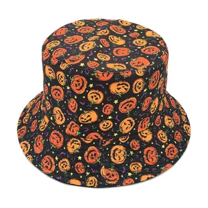 Halloween bucket hat with orange pumpkin and purple bat patterns on black cotton fabric
