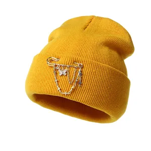 Punk Knitted Beanie Hat With Butterfly Cross Metal Chain Accessories Safety Pin Y2K Streetwear Hip Hop Winter Warm Cap For Men Women