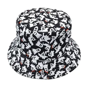 Halloween bucket hat with white ghost patterns and orange bows on black cotton fabric