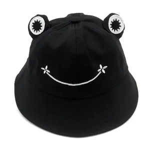 Black cotton frog bucket hat with 3D eyes and embroidered smile for sun protection