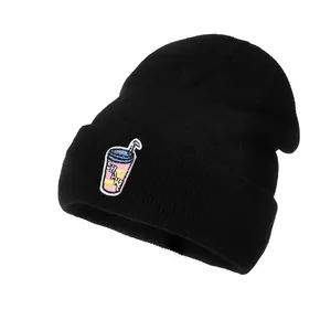 Bonnet en Tricot Femmes Hommes Chaud Hiver Revers Côtelé Écusson Brodé Tasse de Boisson Minimaliste Streetwear Bonnet