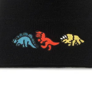 Black knit beanie featuring three colorful dinosaur embroidery patterns for a hip hop style