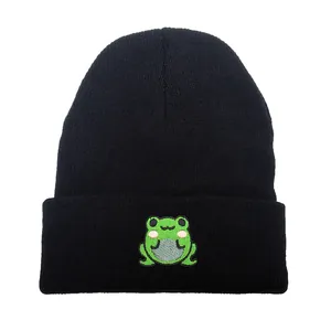Cute Cartoon Frog Embroidery Knitted Beanie Hat For Men Women Winter Warm Black Ribbed Cuff Soft Acrylic Yarn Skull Cap