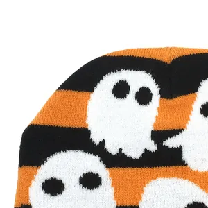 Bonnet tricoté Halloween à motifs fantômes avec rayures orange et noires pour l'hiver