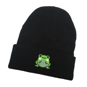 Cute black knitted beanie hat with green frog embroidery for men and women