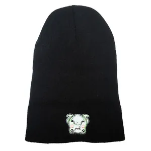 Cute black knitted beanie featuring a cartoon frog embroidery for men and women
