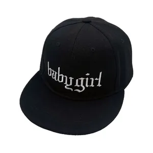 Women's Black Cotton Flat Brim Baseball Cap With White Babygirl Gothic Embroidery Adjustable Snapback Hip Hop Streetwear Sun Hat