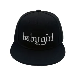 Black snapback hat with white gothic babygirl embroidery on cotton fabric