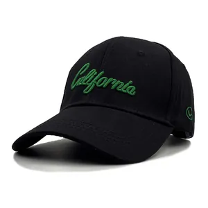 Black cotton baseball cap with green California embroidery and a curved brim