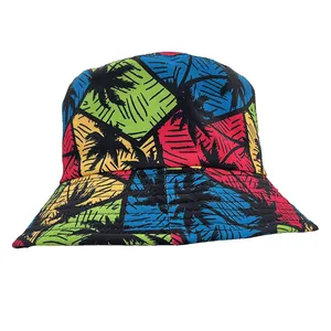 Unisex Cotton Bucket Hat Tropical Palm Tree Print Outdoor Beach Sun Protection Fisherman Cap Summer Vacation Travel Hat