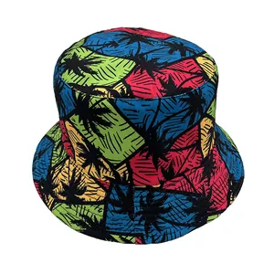 Colorful tropical coconut tree print fisherman hat in vibrant blue, red, and yellow canvas