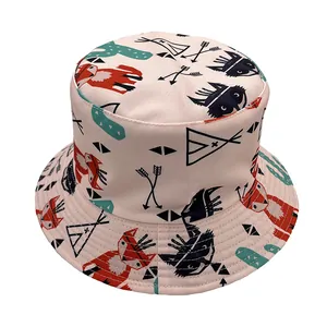 Reversible bucket hat with cartoon fox and cactus prints for outdoor sun protection