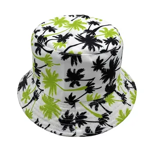 Outdoor sun bucket hat with white palm tree print and tropical coconut tree patterns