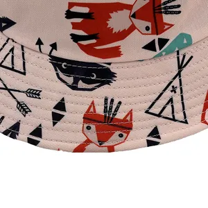 Pink reversible bucket hat for women with cartoon fox and tent pattern print