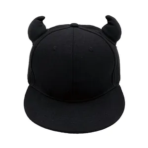 Black snapback baseball cap with devil horns design, flat brim style for outdoor sport
