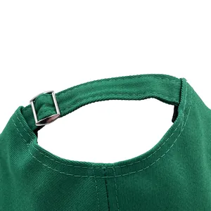Rear view of green cotton baseball cap featuring adjustable silver metal buckle strap