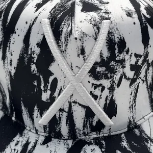 Hip hop flat brim baseball cap with black and white graffiti print and X embroidery