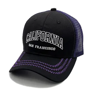 Detail view of CALIFORNIA embroidery and purple wave stitching on trucker hat