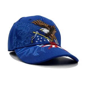 Detailed embroidery of an eagle with American flag patterns on a navy baseball cap