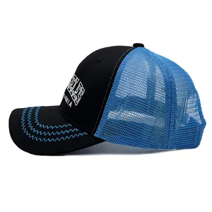 Blue and black Los Angeles California embroidered mesh baseball cap in side view profile