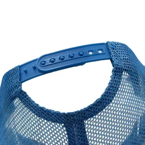 Blue trucker hat featuring breathable mesh back and adjustable snapback closure
