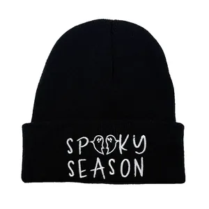 Spooky Season Halloween Ghost Embroidery Beanie For Men Women Winter Warm Knit Hat Acrylic Soft Outdoor Skull Cap Black