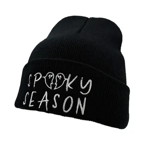 Spooky Season embroidered black knit beanie with cute ghost detail for autumn and winter