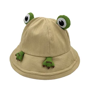 Chapeau bob beige pour enfants avec yeux de grenouille 3D et broderie Good verte