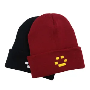 Quackity embroidered beanie hat in black and burgundy knit with pixel emoji design