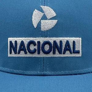 Front view of blue Ayrton Senna racing cap with detailed Nacional embroidery and 3D logo