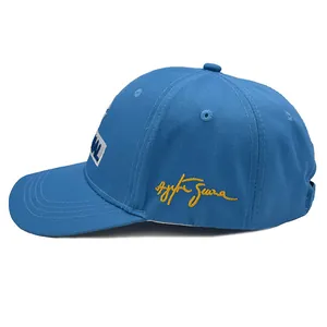 Sky blue Ayrton Senna racing baseball cap with yellow side embroidery and white front patch