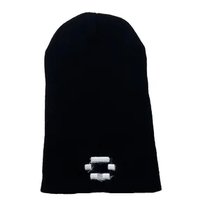Black knitted beanie hat with white cross embroidery for winter warmth and hip hop style