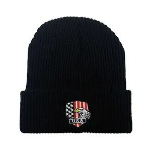 Black ribbed beanie with USA flag and eagle embroidery for men and women