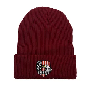 Dark red USA eagle embroidered knit beanie hat with American flag shield for men and women