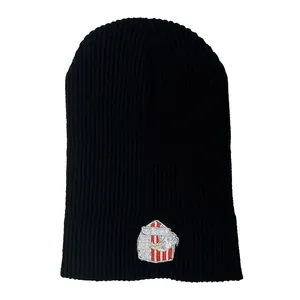 Black ribbed knit beanie with USA eagle shield embroidery for warmth in winter