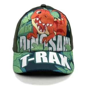 Kids green baseball cap with orange cartoon dinosaur print and wide brim for summer