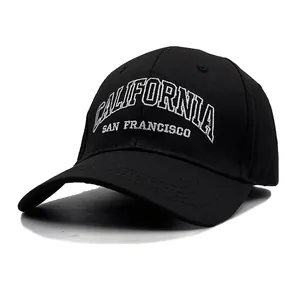 Black cotton baseball cap with white California and San Francisco embroidery detail