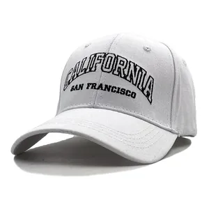 White cotton baseball cap featuring black California and San Francisco embroidery