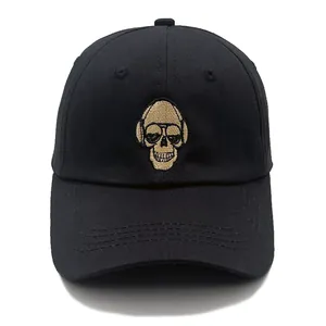 Casquette de baseball en coton noir avec broderie crâne doré de style hip-hop