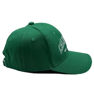 Detail of green cotton baseball cap featuring white California 3D embroidery and metal buckle