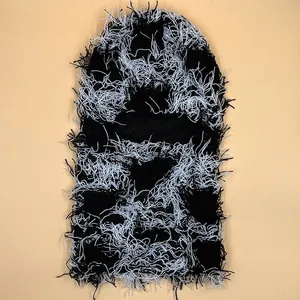 Close-up of black and white knitted balaclava featuring distressed long plush texture