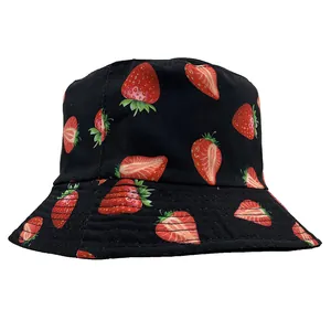 Chapeau Bob en Coton à Imprimé Fraise pour Femme Réversible Protection Solaire Décontracté Extérieur Été Plage Voyage