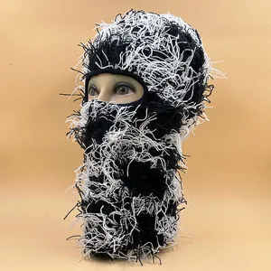 Acrylic Knit Distressed Balaclava With Tassels Punk Frayed Full Face Mask For Men Women Outdoor Ski Warm Hat