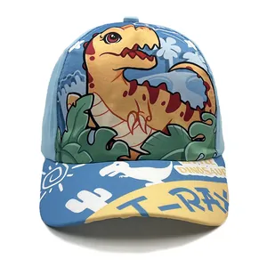Kids light blue baseball cap with T-Rex cartoon print and Little Dinosaur text on brim