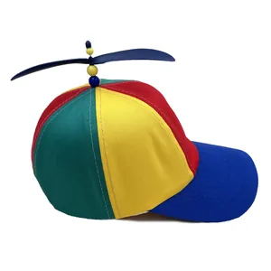 Detailed view of colorful propeller hat with rotating blades and vibrant panel stitching