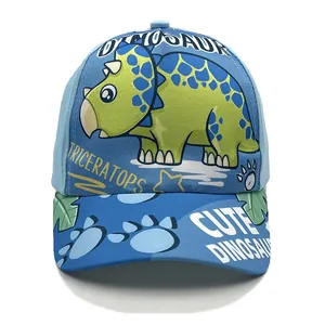 Blue kids baseball cap featuring cartoon triceratops dinosaur print and curved brim