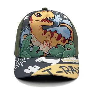 Army green kids baseball cap with cartoon T-Rex print and yellow dinosaur visor